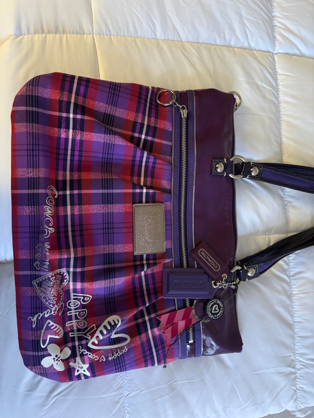 Coach Purple Plaid Shoulder Bag Tote with Graphic Accents